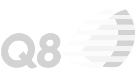 Logo of Q8 featuring the text "Q8" next to a stylized leaf design.